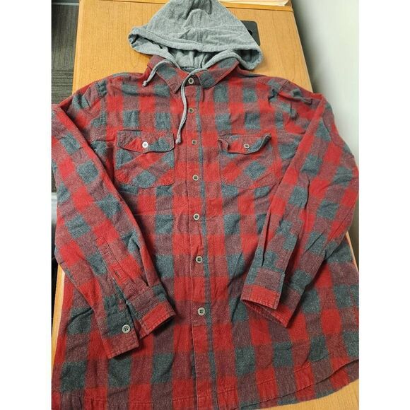Flag & ANTHEM L red and grey plaid button down hoodie (T) - Picture 1 of 6